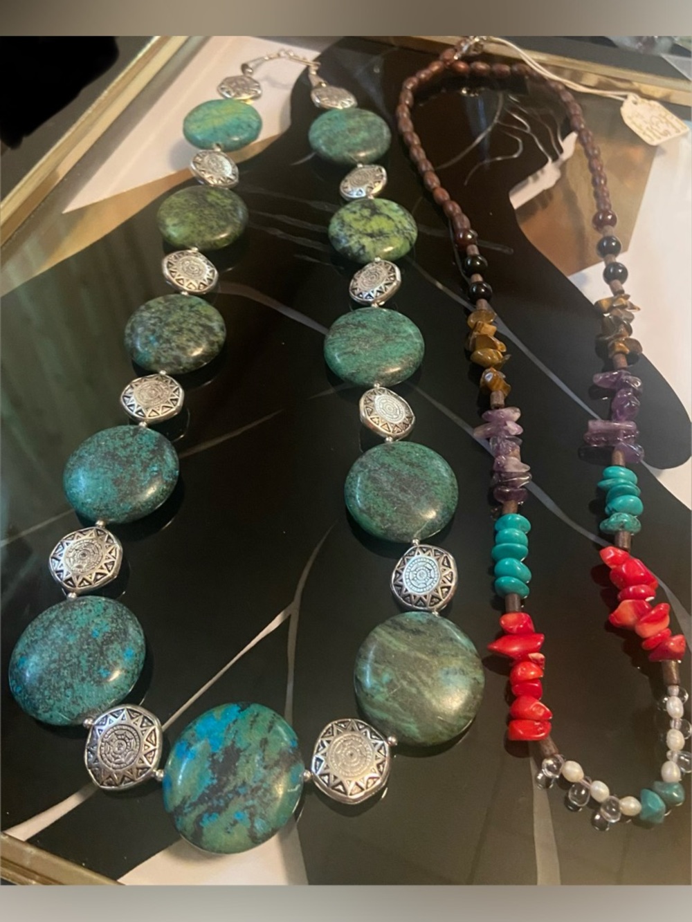 Turquoise Stone and Silver Accent Necklace & Multi Chip Stone Necklace #145